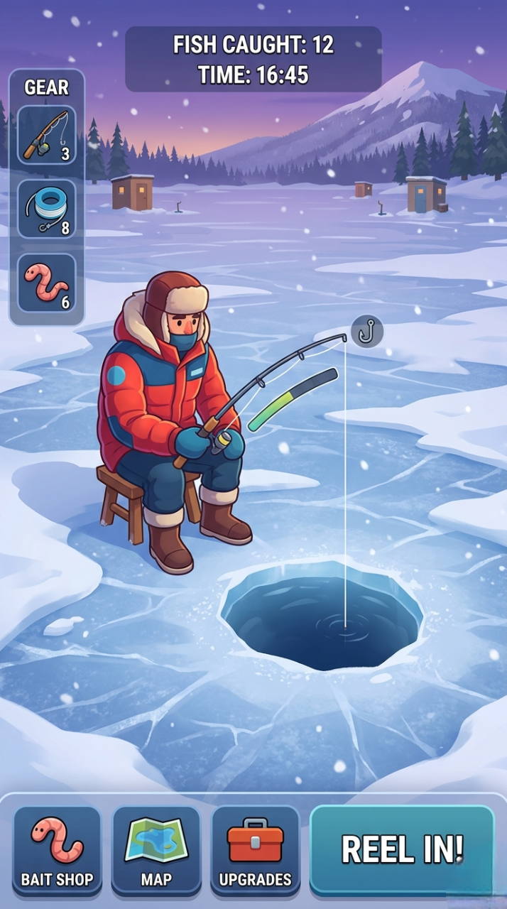 Winter fishing gameplay - ice fishing on a frozen lake with friends